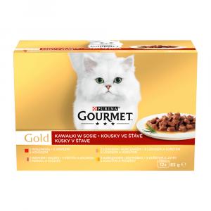 Gourmet Gold hovězí/ krůta s kachnou/losos s kuřetem/kuře s játry ve šťávě Multipack 12 x 85 g