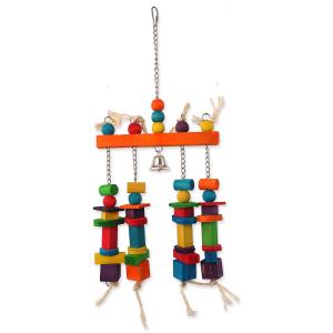 Hračka BIRD JEWEL závěsná barevná - hrazda s dřívky a zvonečkem, 55 x 20 cm