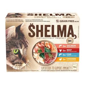 Shelma kočka kapsičky s kuřecím, hovězím, lososem a treskou 12 x 85 g