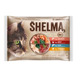 Shelma kočka kapsičky s kuřecím, hovězím, lososem a treskou 4 x 85 g